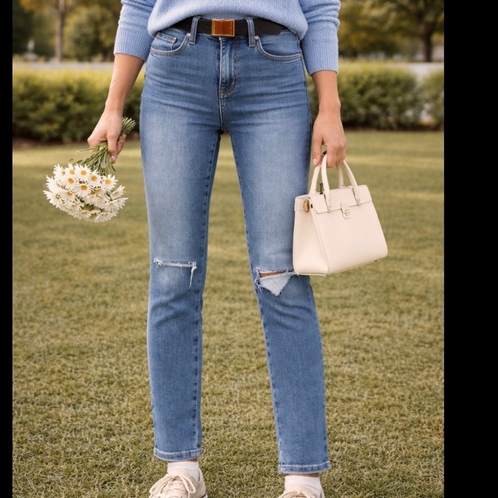 FRAME Le High Skinny Jeans Womens 25 Blue Distressed Ripped Knee High Rise Denim